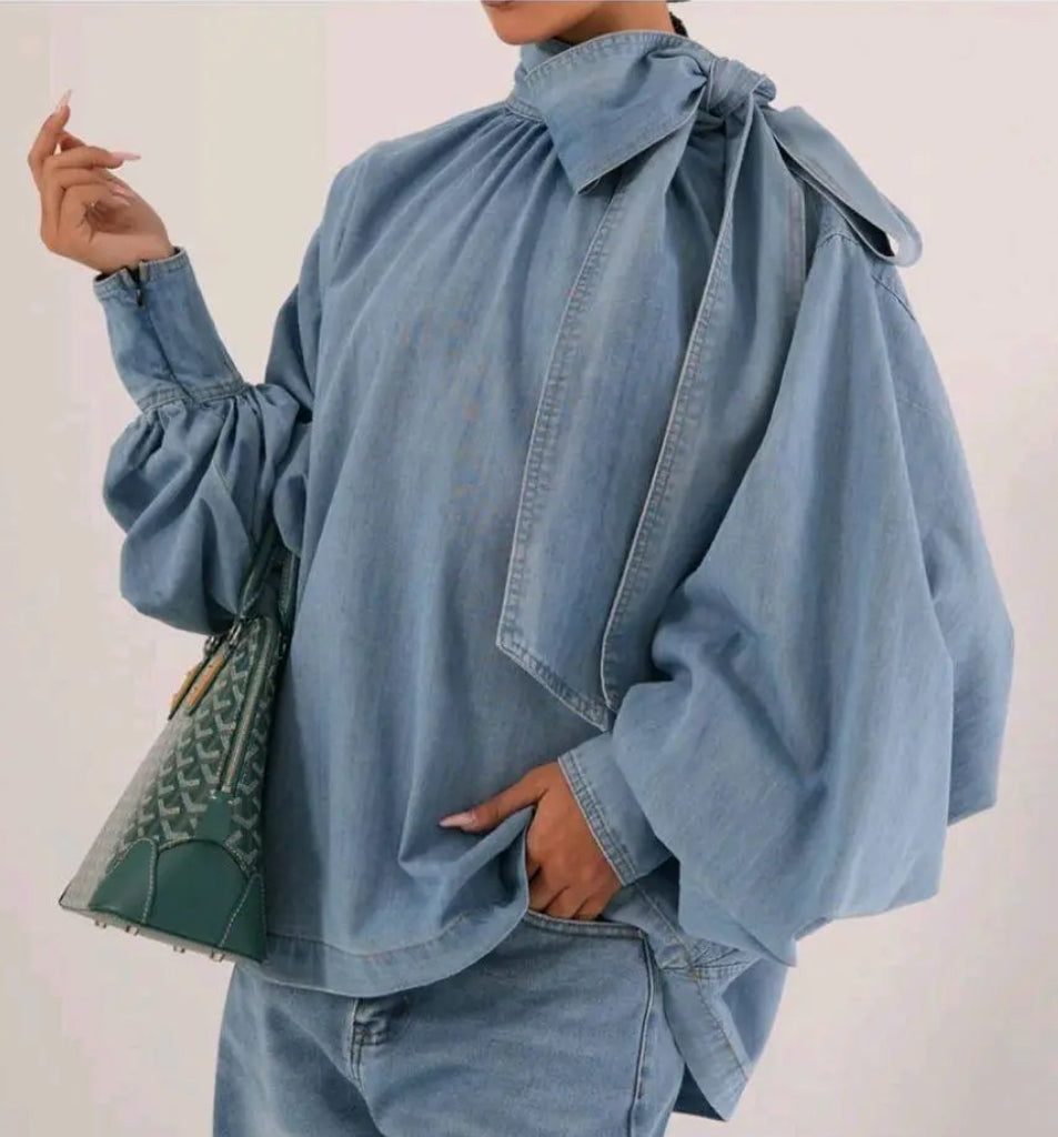 SABRINA BOW DENIM SHIRT